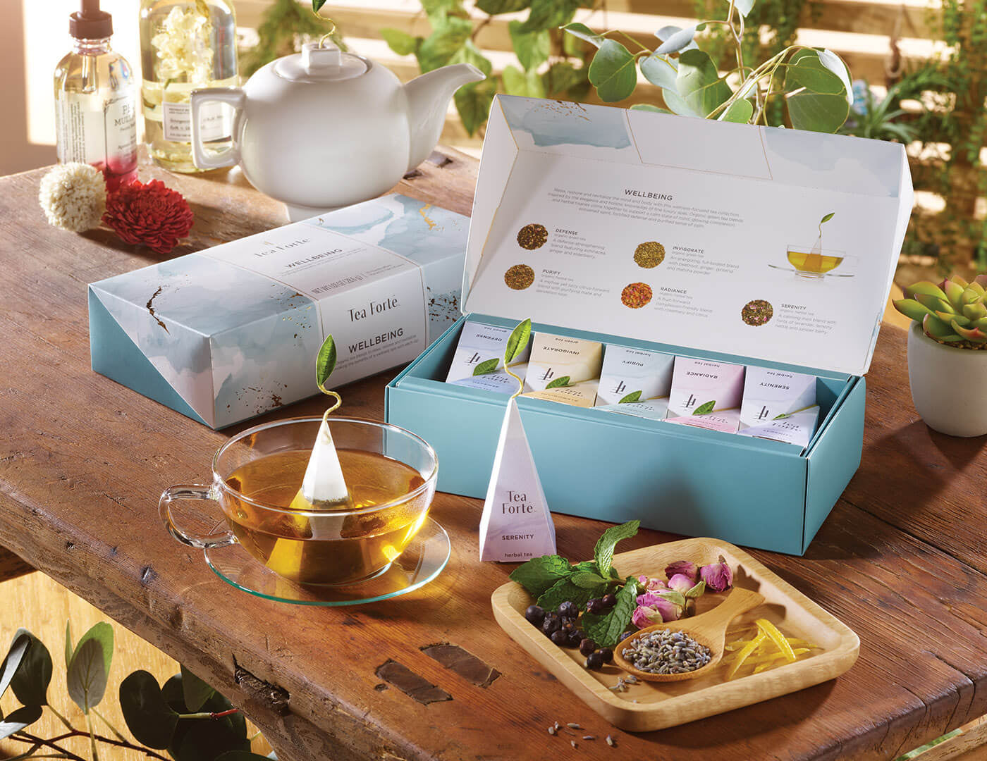 Wellbeing tea assortment in a 10 count petite presentation box on table