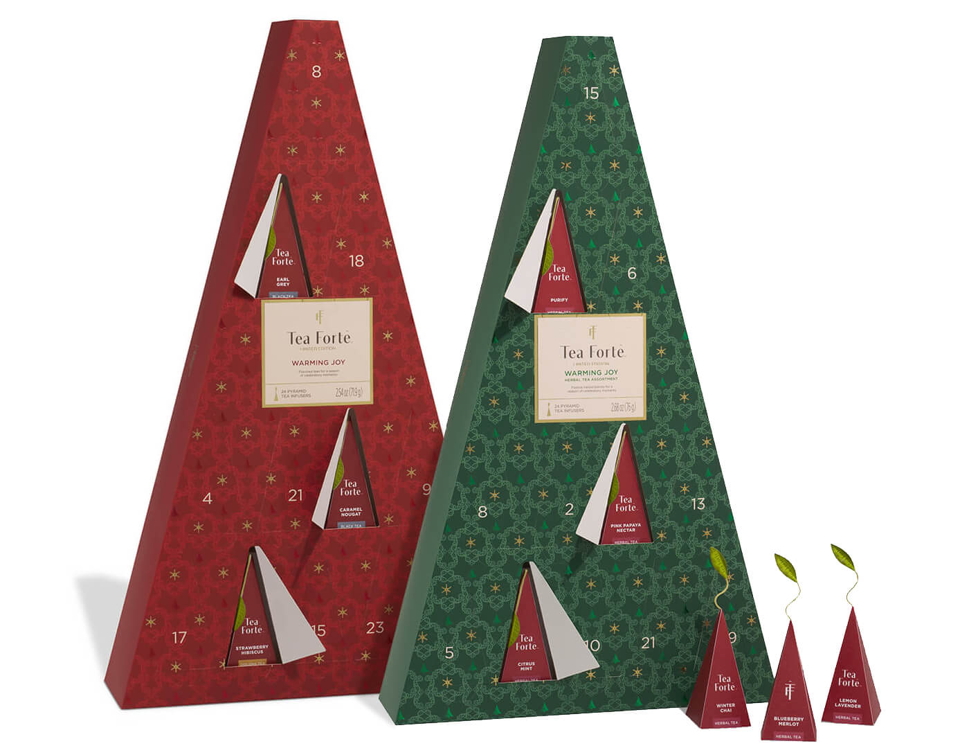 Two triangular Advent Tea Calendars, one red, one green,  with numbered sections on a white background, doors open with tea pyramids showing