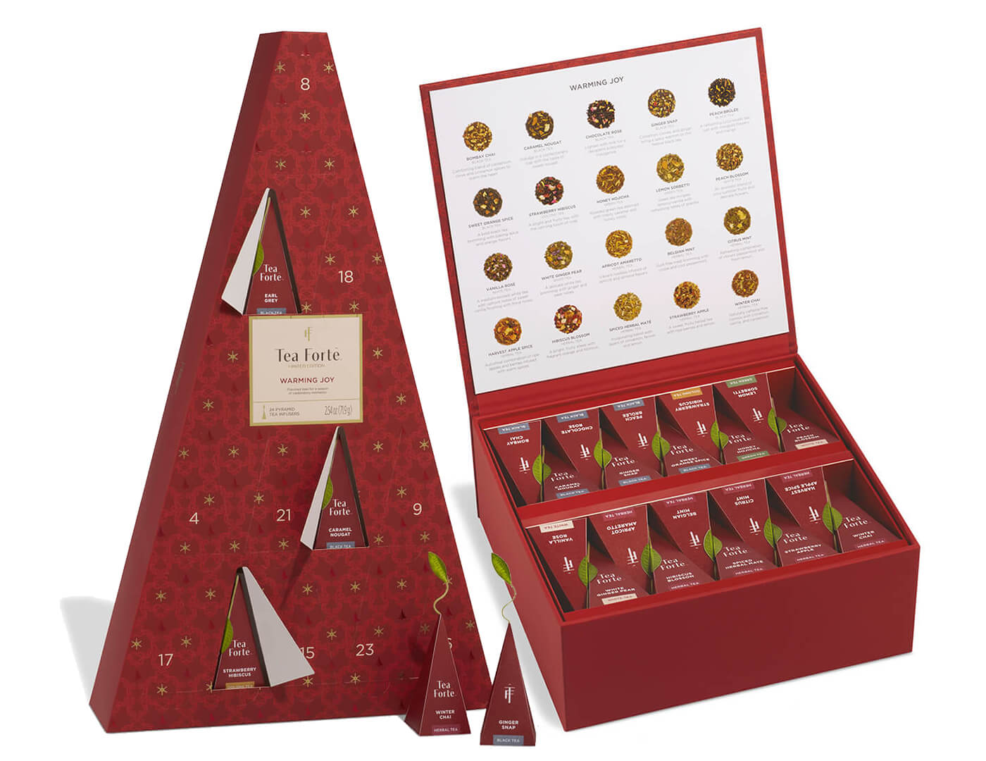 Warming Joy Advent Calendar of 24 teas, with doors open and infusers to the right outside of box, and a Warming Joy Tea Chest of 40 teas, lid open.