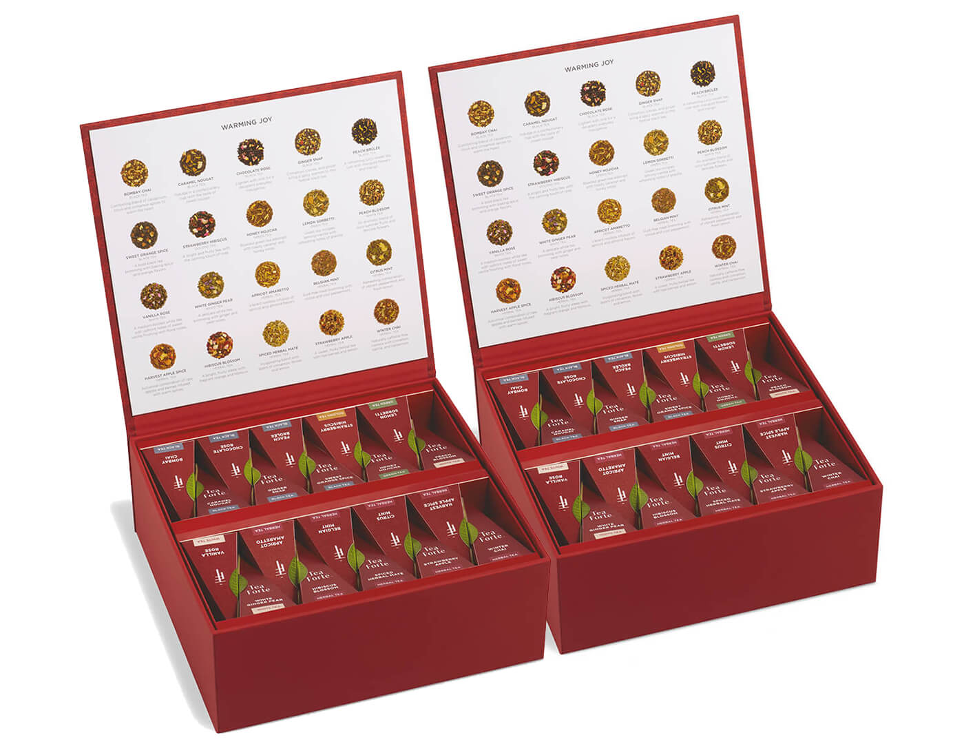 Two Tea Chest Warming Joy, open and closed, of 40 infusers each