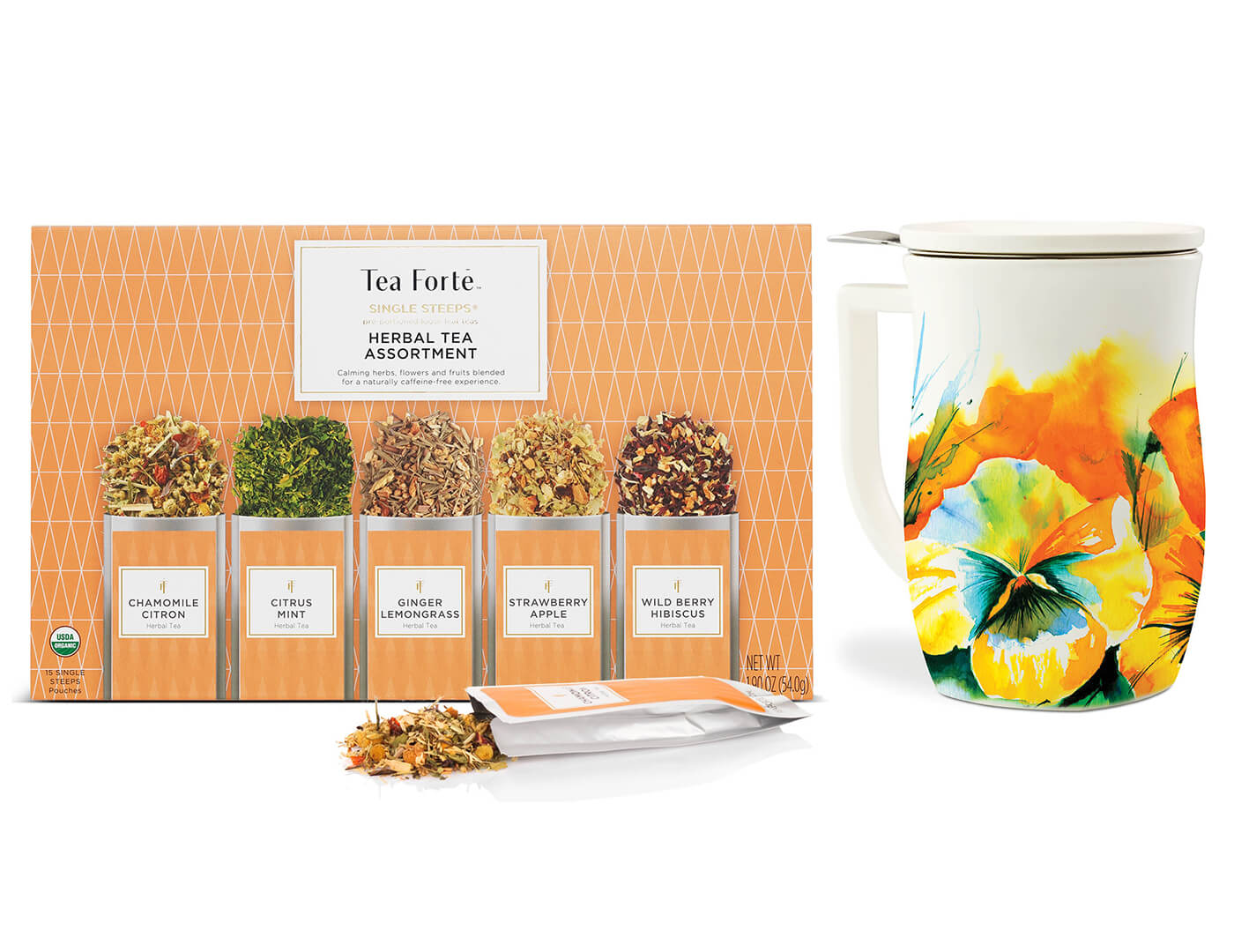 Herbal Tea Assortment Single Steeps Sampler of 15 pre-portioned loose tea pouches teas, box closed, and one Wild Poppy Fiore Steeping Cup with lid on and infuser basket inside