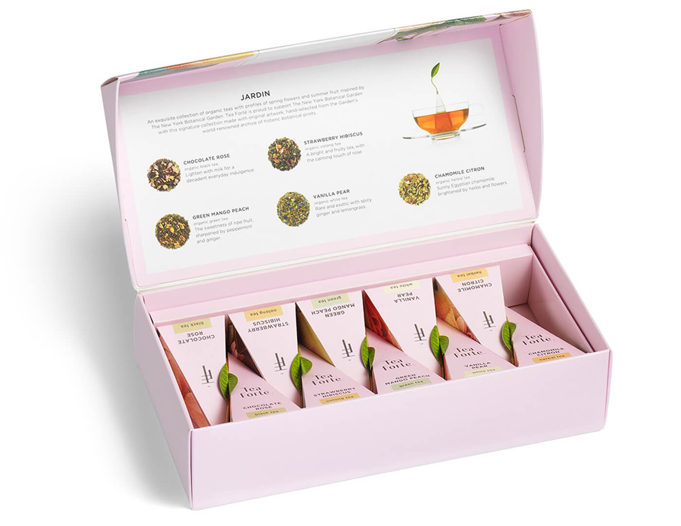 Jardin tea assortment in a 10 count petite presentation box with lid open