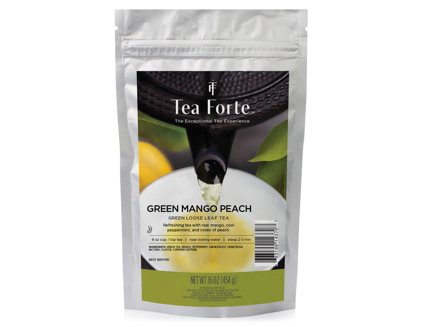 Green Mango Peach tea in a one pound pouch of loose tea