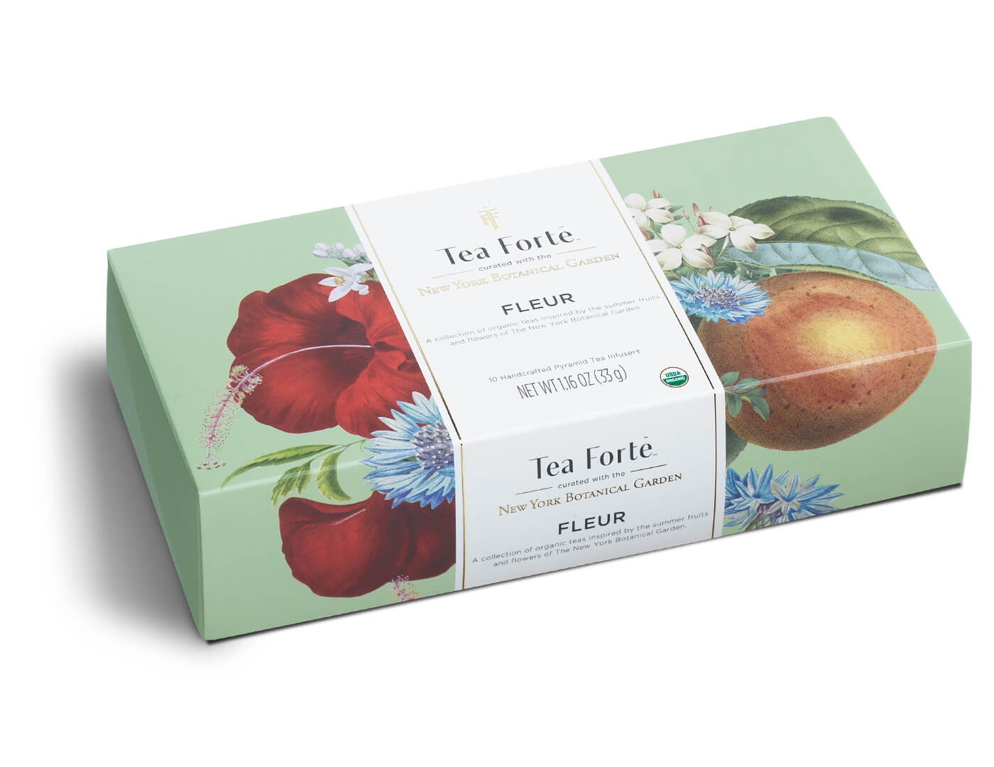 Fleur tea assortment in a 10 count petite presentation box with lid closed