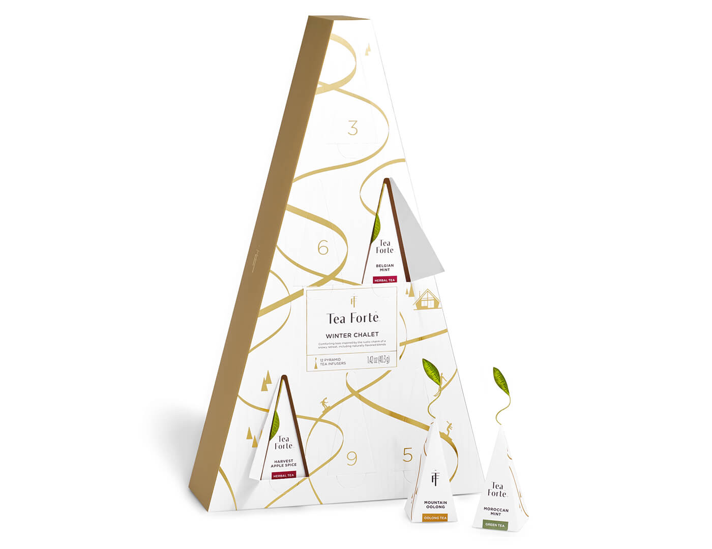 Winter Chalet Advent - 12 Days of Cozy Teas, with 2 doors open and pyramid infusers to the side