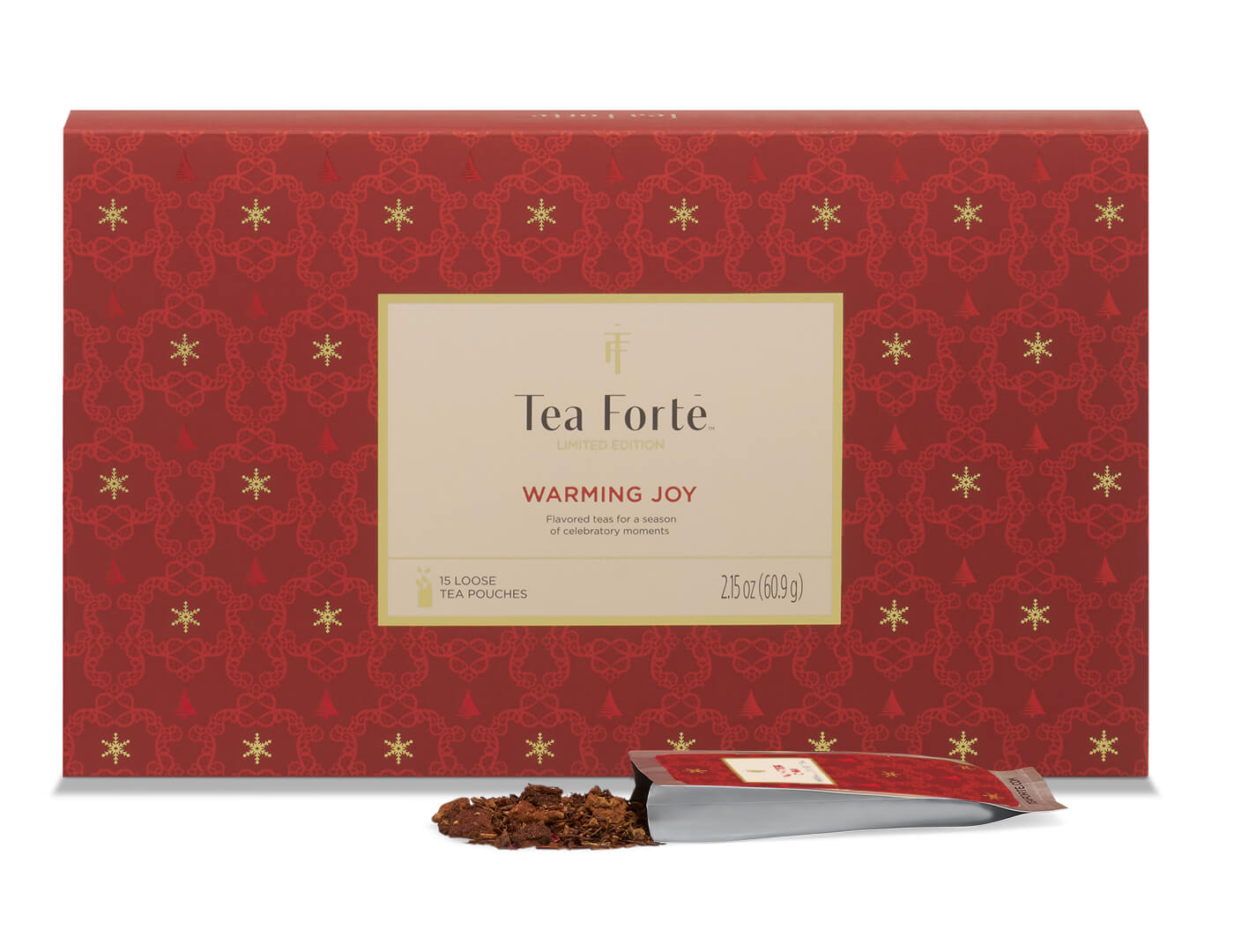 Warming Joy Single Steeps Sampler with tea pouch, open, spilling out tea