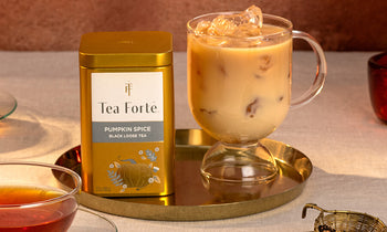 Pumpkin Spice Loose Tea Canister with a iced latte and a hot cup of tea